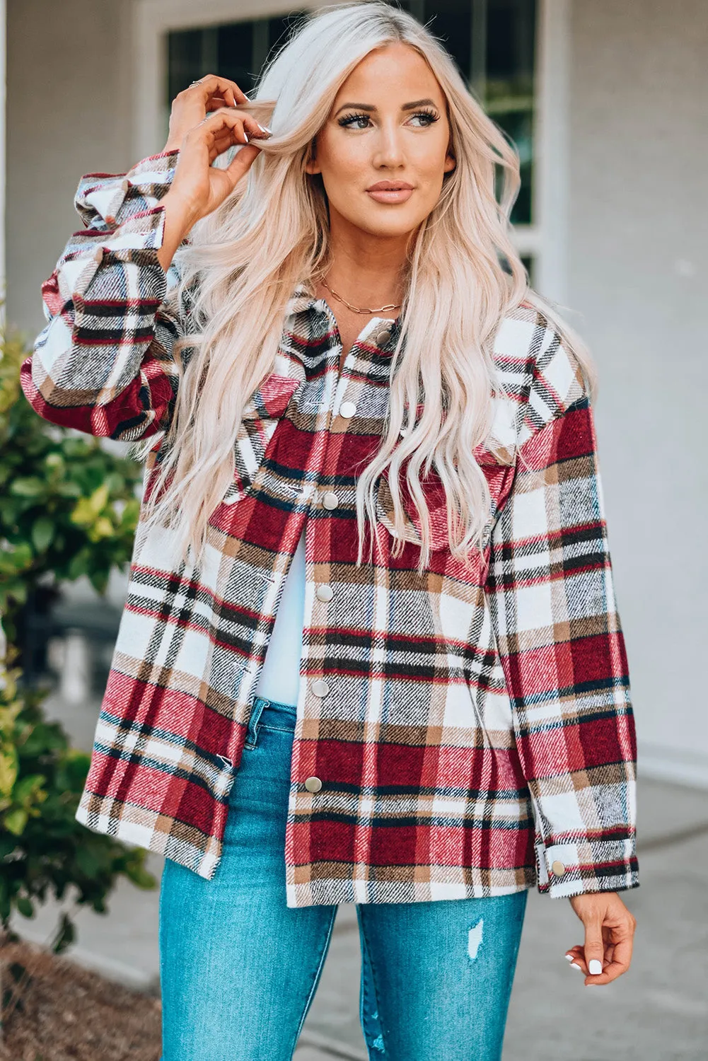 Geometric Plaid Print Pocketed Shacket