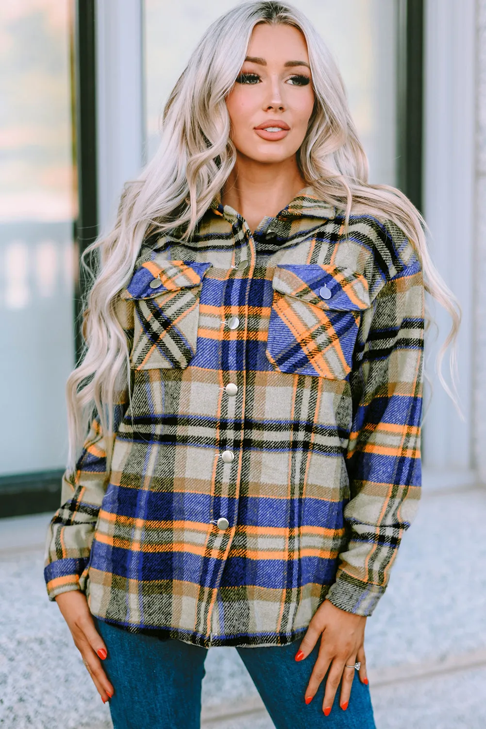 Geometric Plaid Print Pocketed Shacket