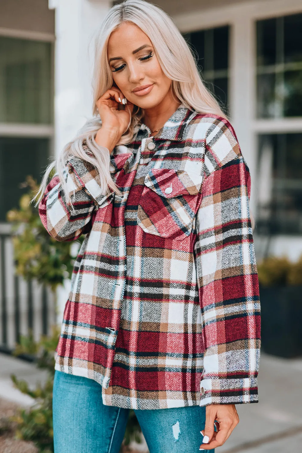 Geometric Plaid Print Pocketed Shacket