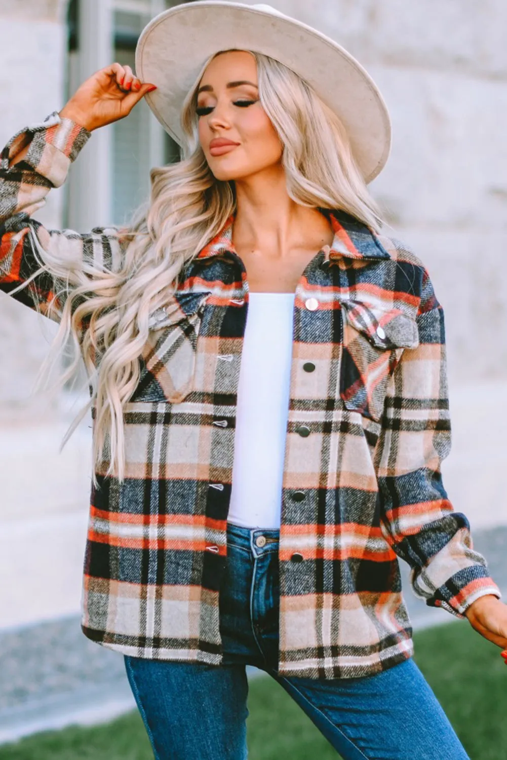 Geometric Plaid Print Pocketed Shacket