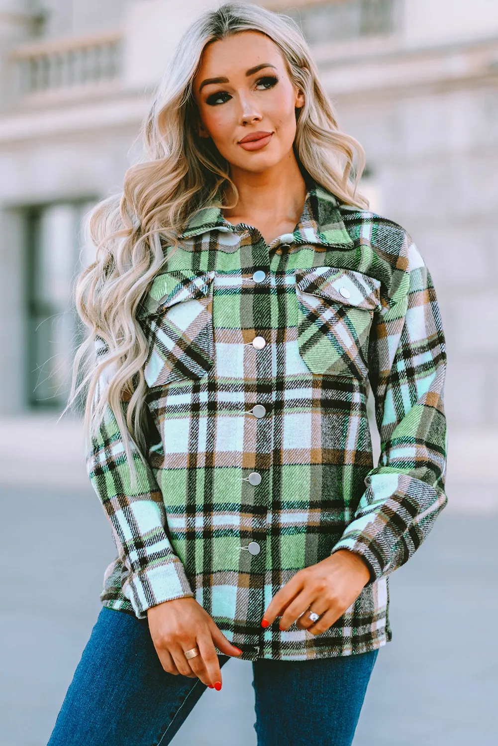 Geometric Plaid Print Pocketed Shacket