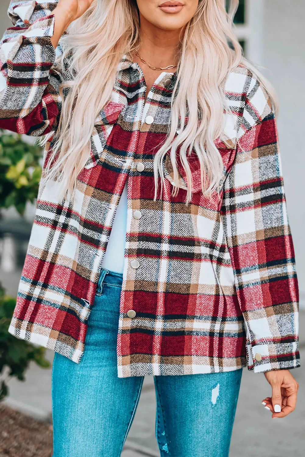 Geometric Plaid Print Pocketed Shacket