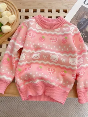 Girls Cozy Cartoon Bowknot & Bear Pattern Round Neck Thermal Lined Knit Sweater - Soft, Warm, and Breathable - Perfect for Autumn and Winter Season