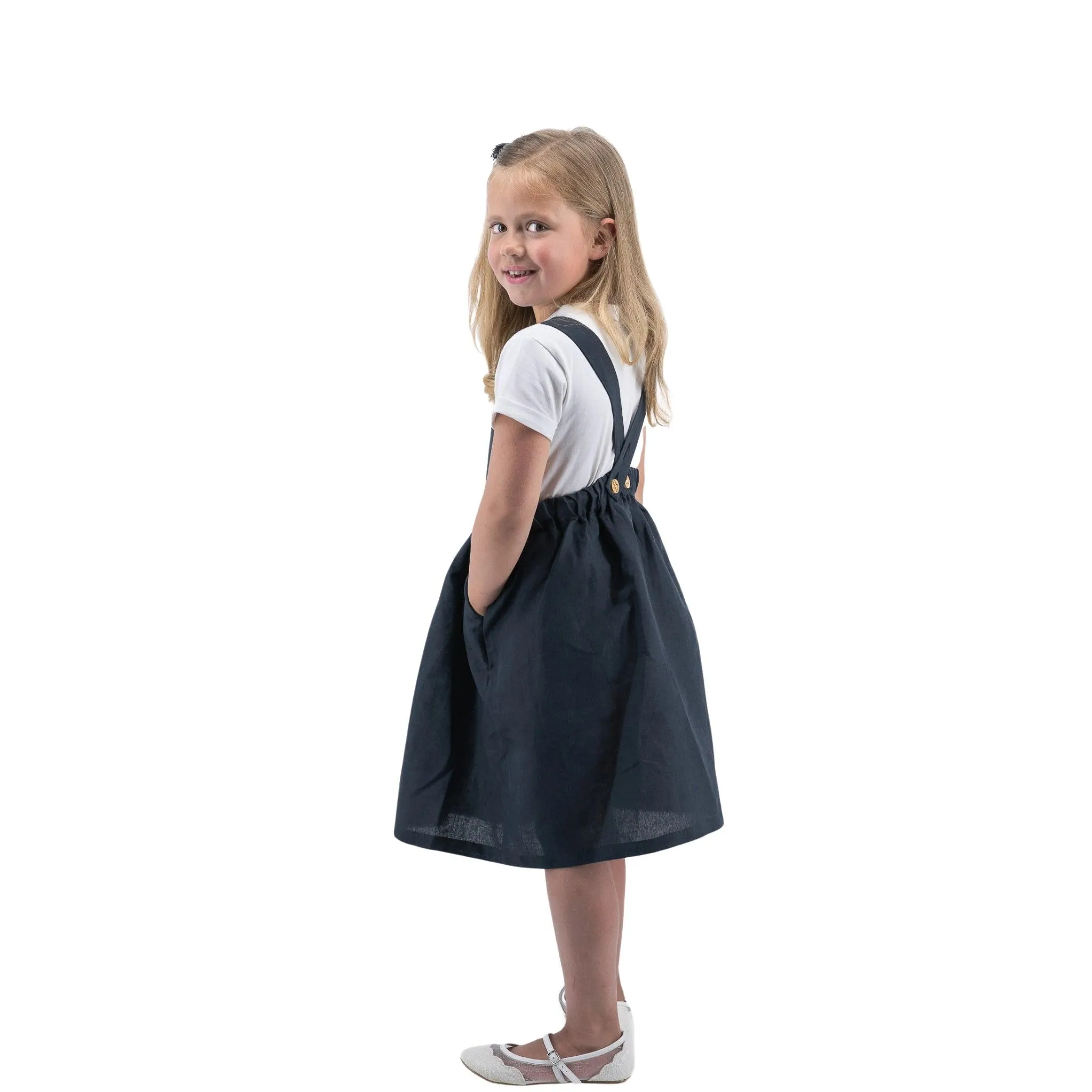 Girls' Elegant Ebony Linen Pinafore