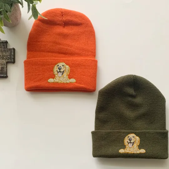 Golden Retriever Dog Embroidered Beanies, Custom Beanie, Embroidery Cap, Winter Hat , Winter cap, Cuffed Beanie