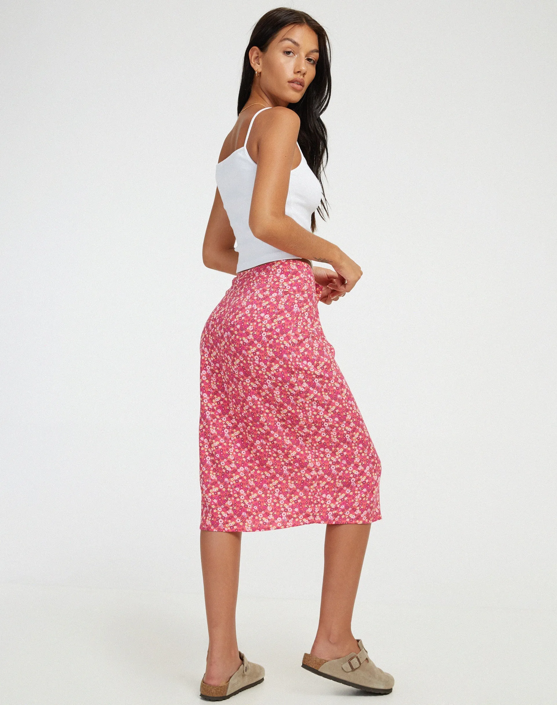 Harriet Midi Skirt in Ditsy Floral Pink