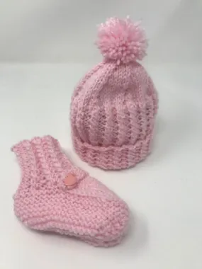 Infant Pink Alpaca Knit Hat & Booties Set