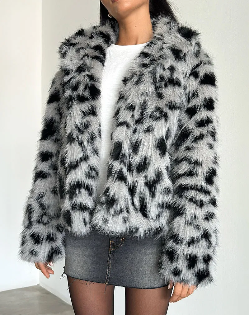 Joji Cropped Faux Fur Jacket in Grey Leopard