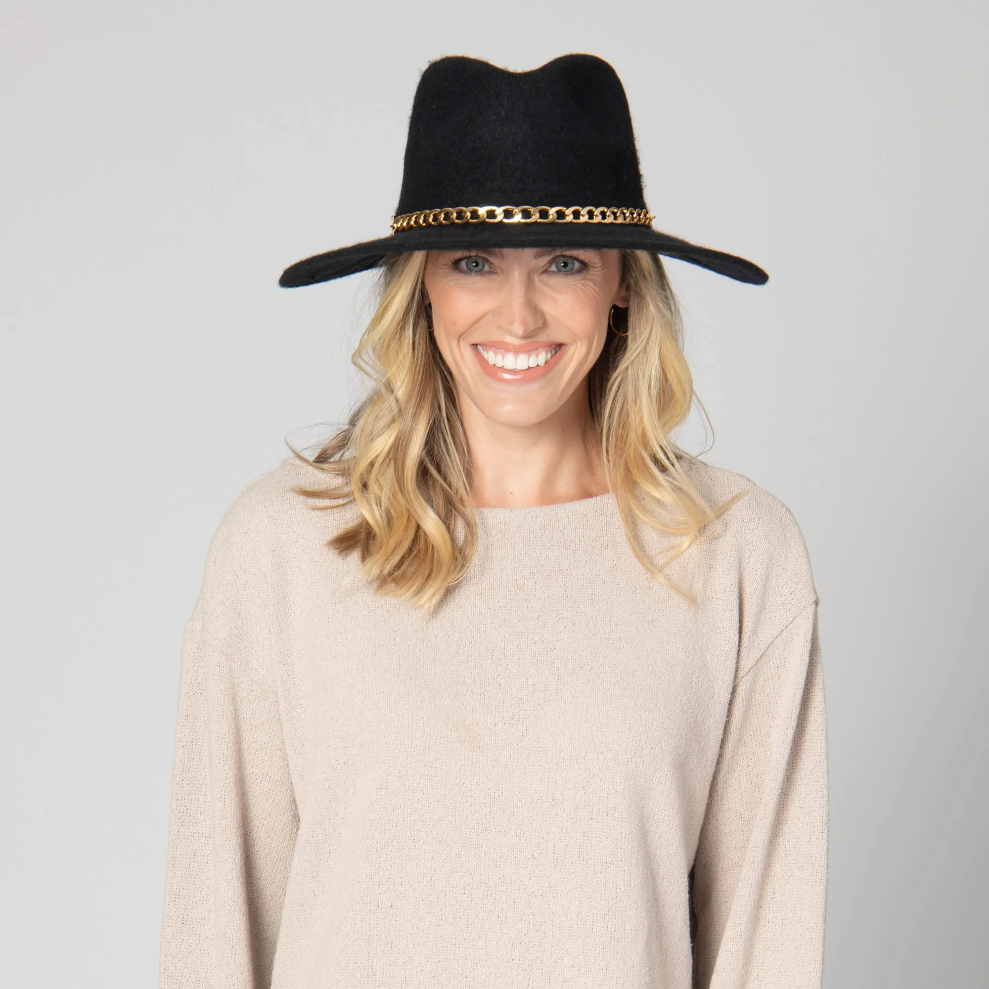 Jolene - Wool Blend Fedora with Gold Chain Trim