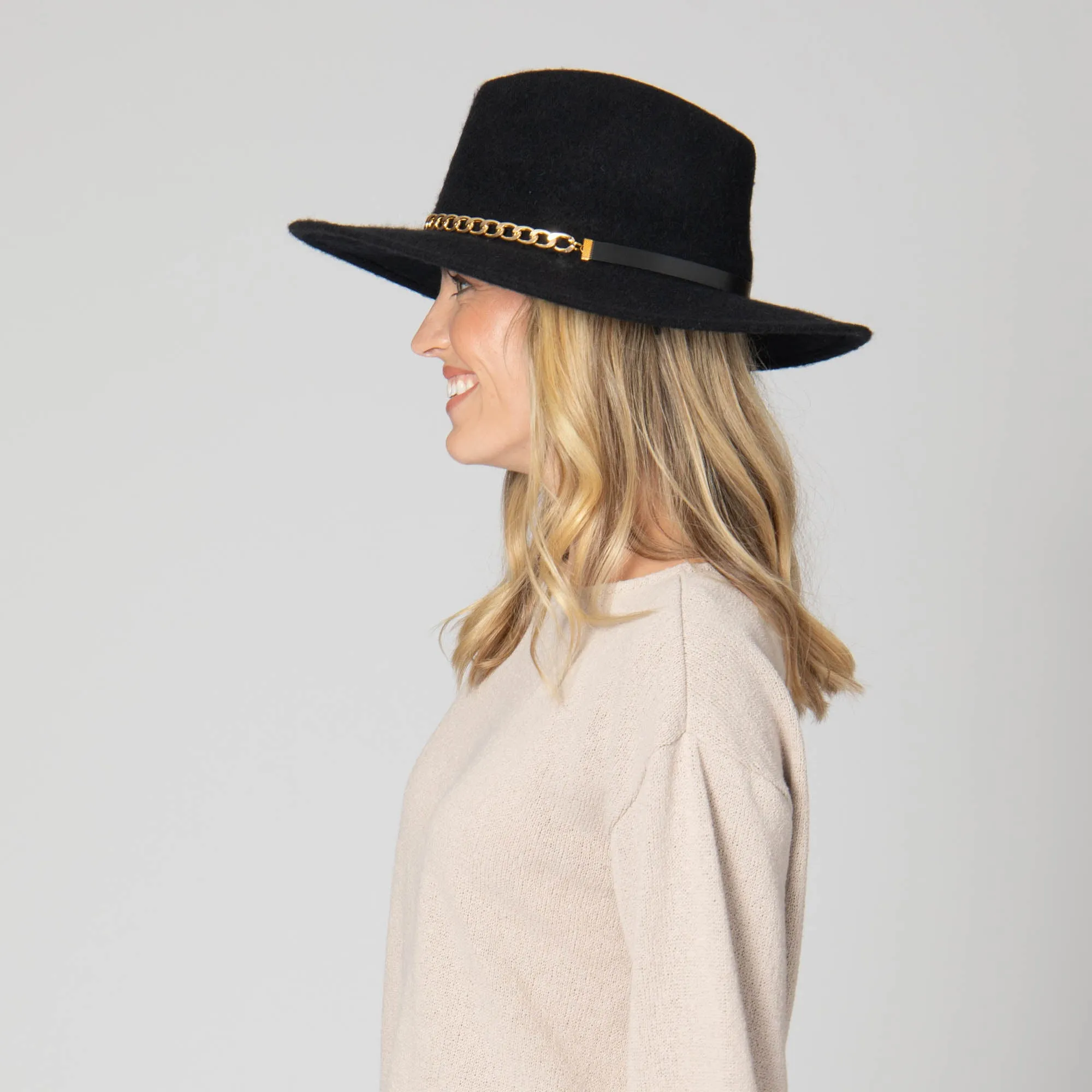 Jolene - Wool Blend Fedora with Gold Chain Trim