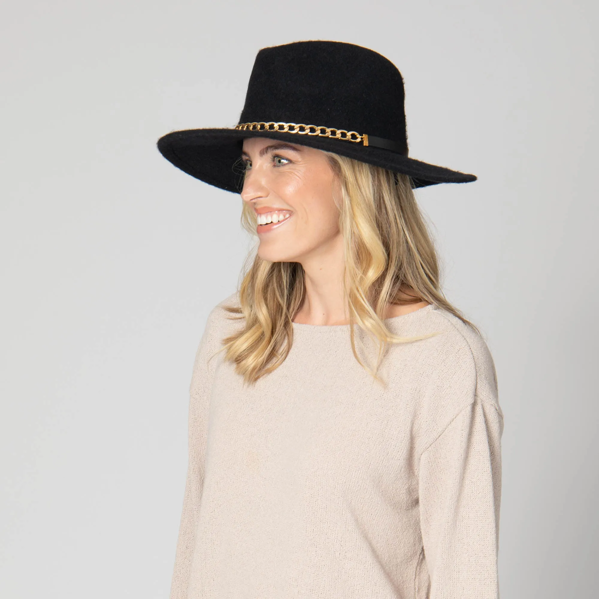 Jolene - Wool Blend Fedora with Gold Chain Trim