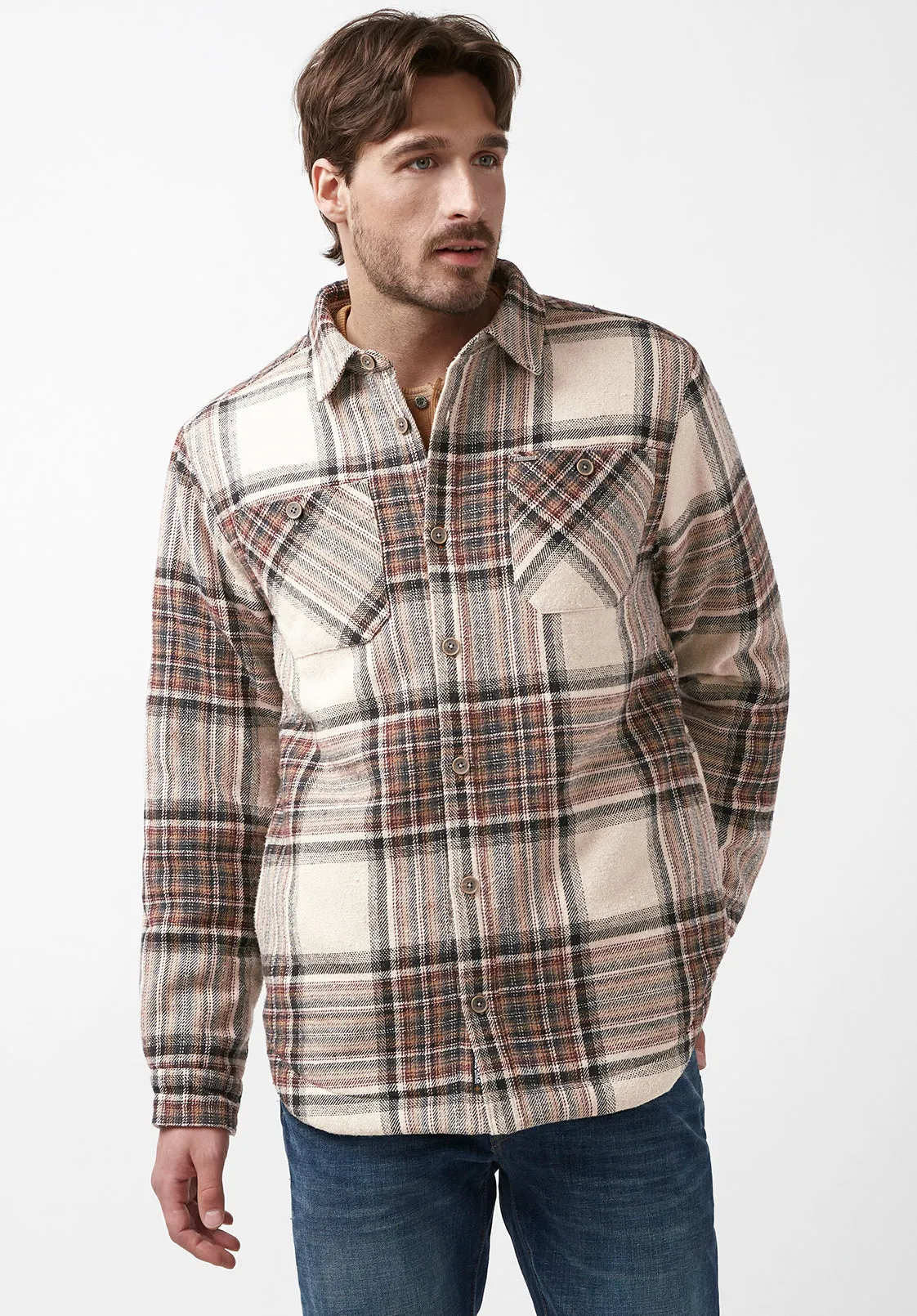 Jorum Men’s Shacket in Beige Brown Plaid - BM24040