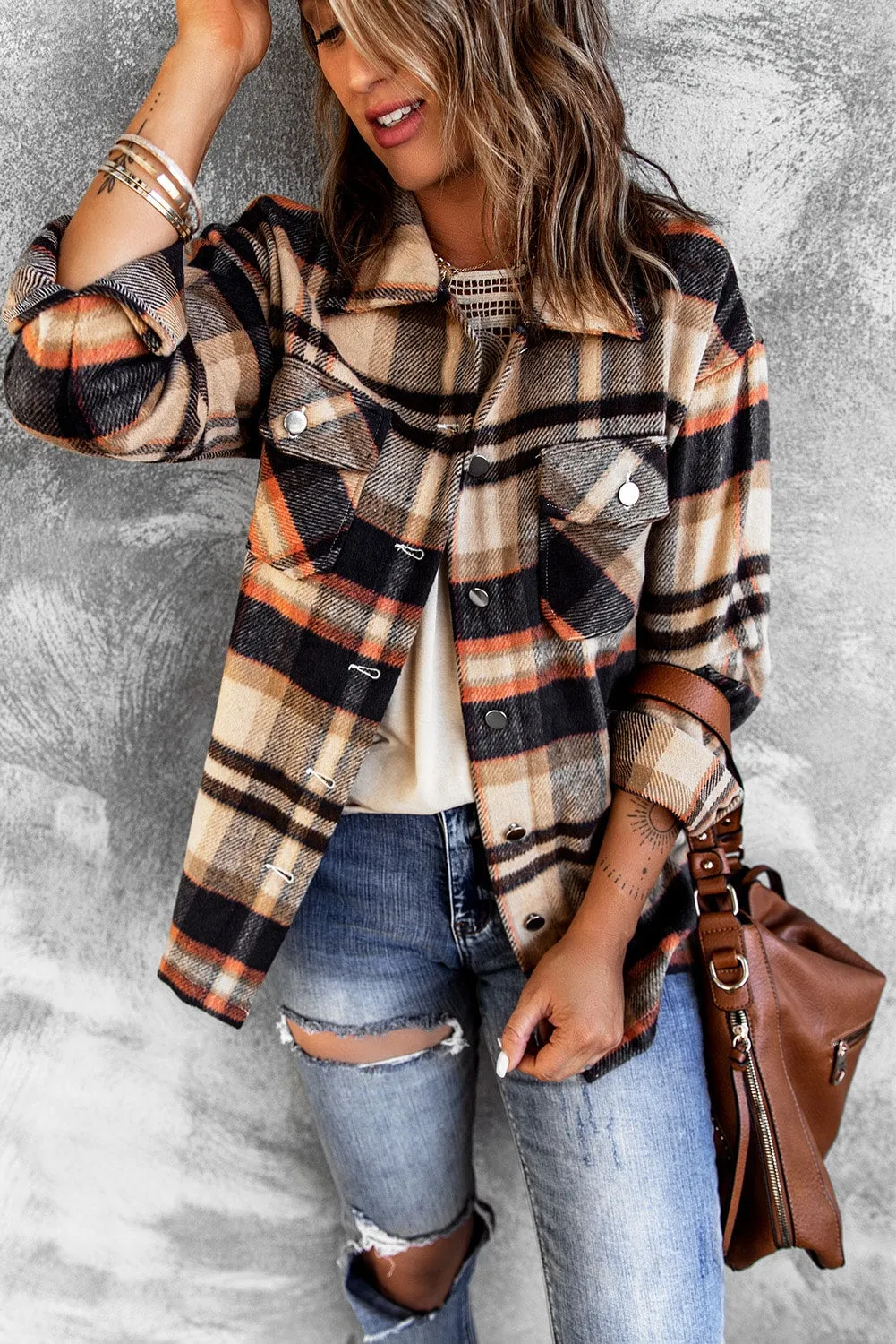 Khaki Plaid Print Casual Button Up Pocket Shacket