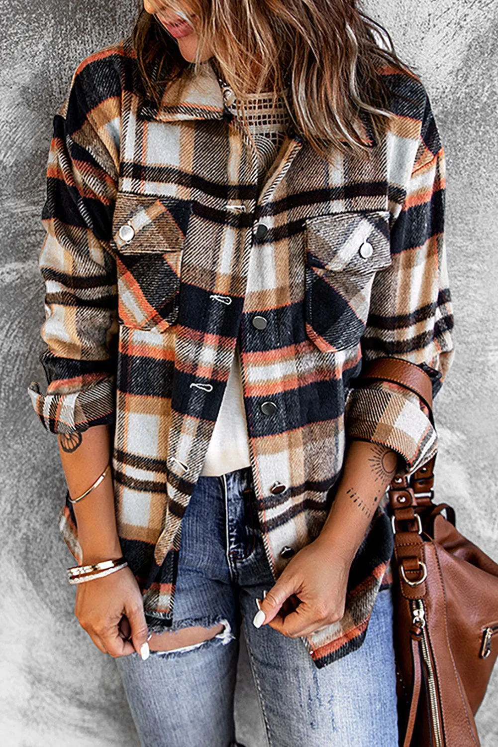 Khaki Plaid Print Casual Button Up Pocket Shacket