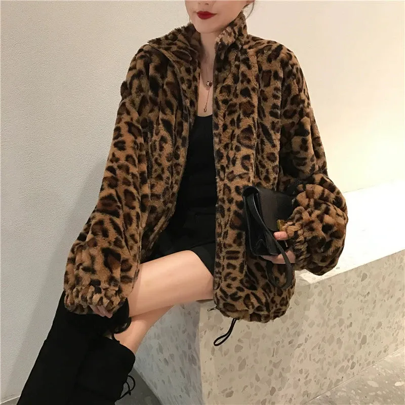 Leopard print fur coat women's autumn and winter Korean version of loose foreign plush warm coat this year popular lambswool padded jacket