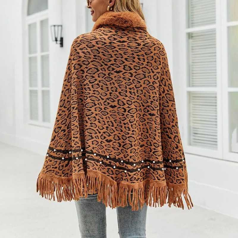 Leopard print fur collar coat with fringed hem keep warm knitted bib shawl women