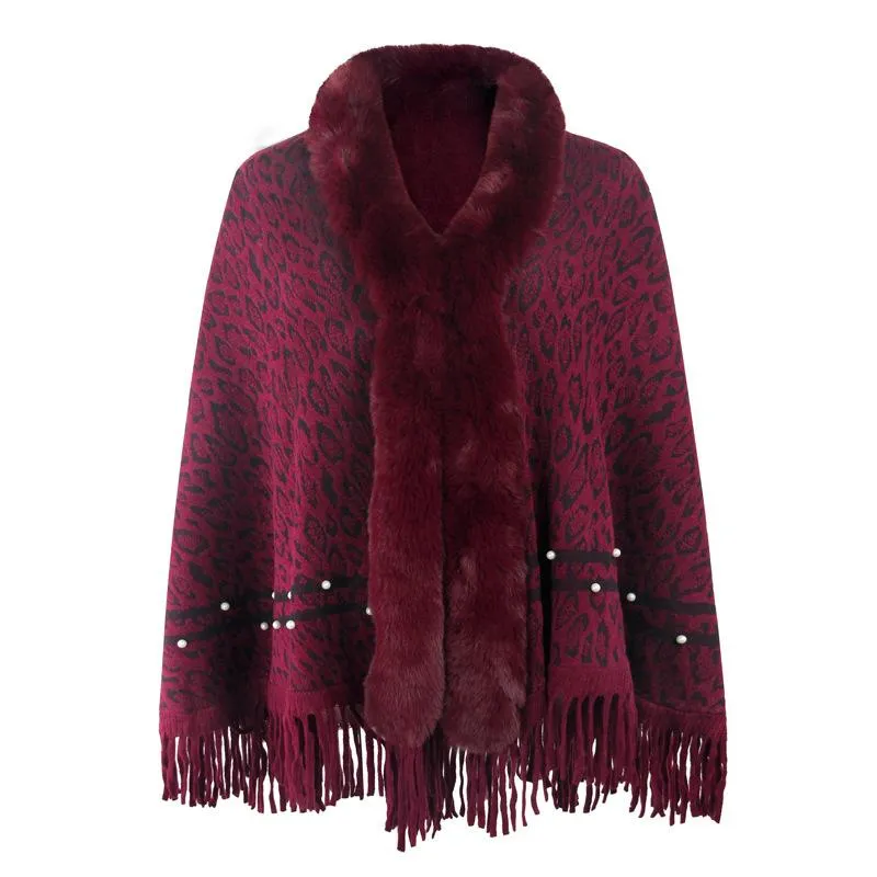 Leopard print fur collar coat with fringed hem keep warm knitted bib shawl women