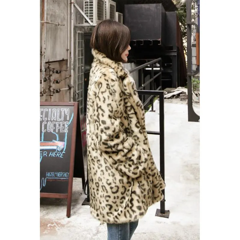 Leopard Print Fur Thigh-Length Loose Fit Fleece Jacket