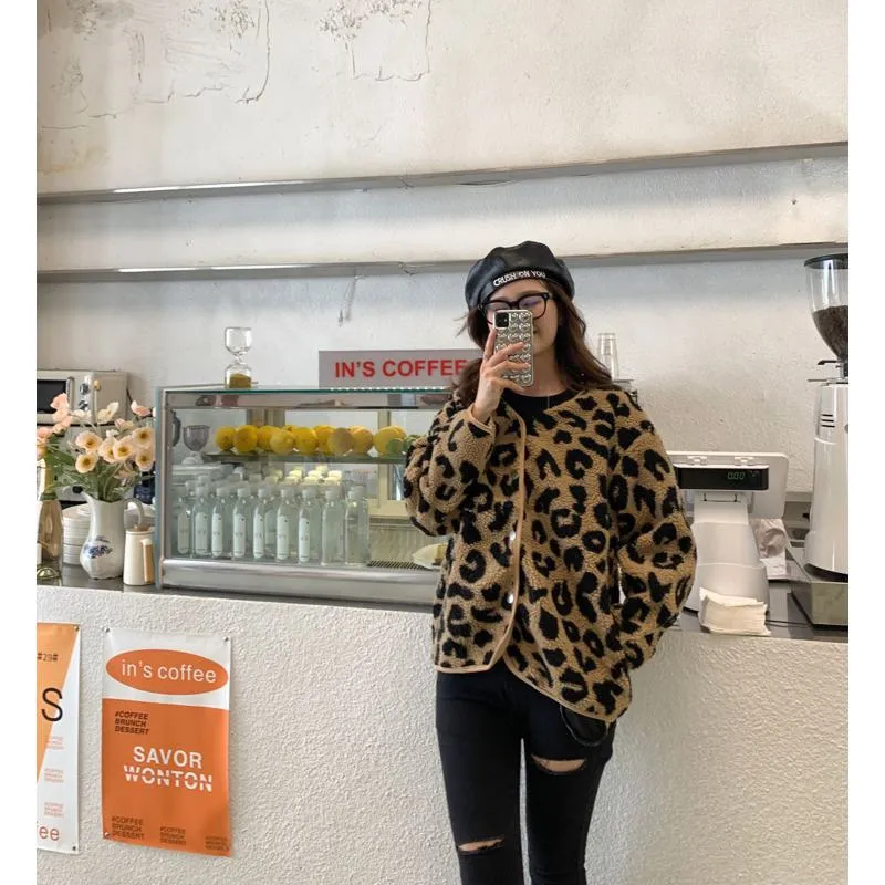 Leopard Print Fur-Trimmed Woolen Fleece Jacket