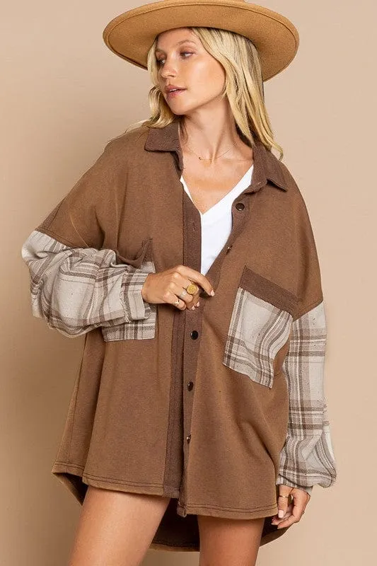 Long Sleeve With Plaid Detail Sleeve Shacket *Onine Only*