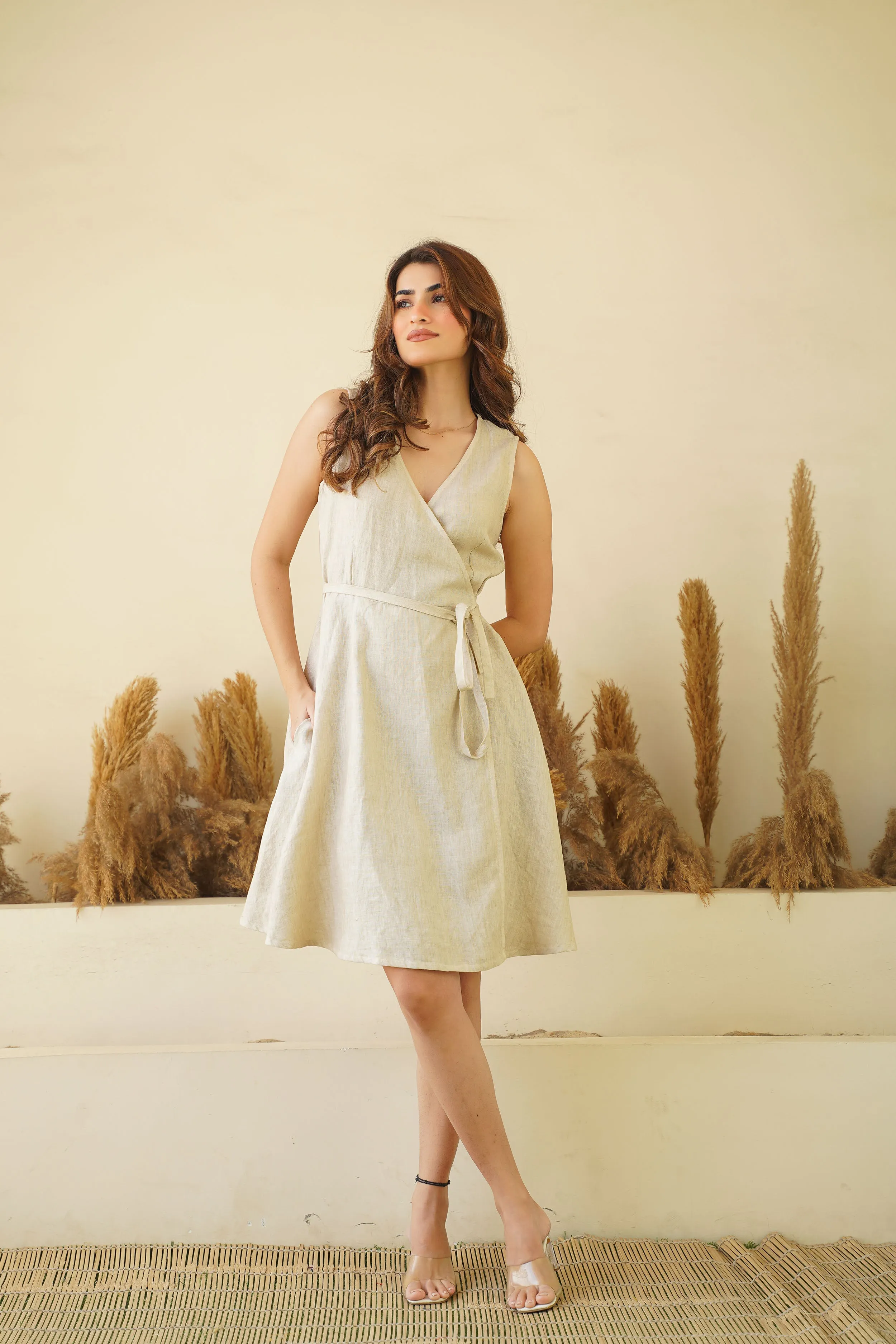 Luxe Sleeveless Linen Wrap Dress - Comfy V-Neck Mini Linen Dress with Tie Belt & Pockets | Pistachio