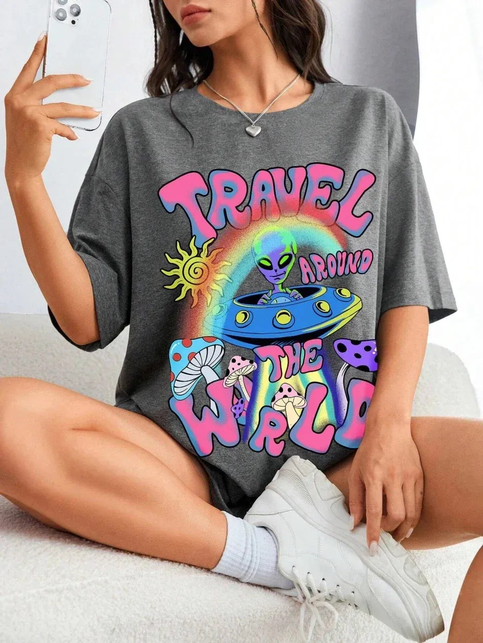 LVSANW Cartoon Aliens Printed Women T-Shirts Casual Fashion All-Match Short Sleeve Tops Loose Comfortable Round Neck Street Clothing