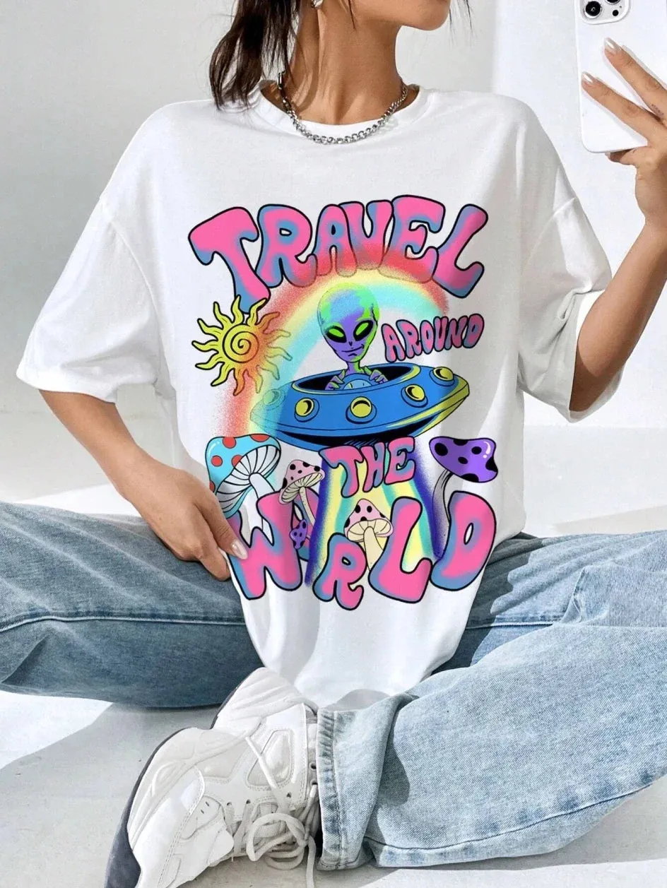 LVSANW Cartoon Aliens Printed Women T-Shirts Casual Fashion All-Match Short Sleeve Tops Loose Comfortable Round Neck Street Clothing