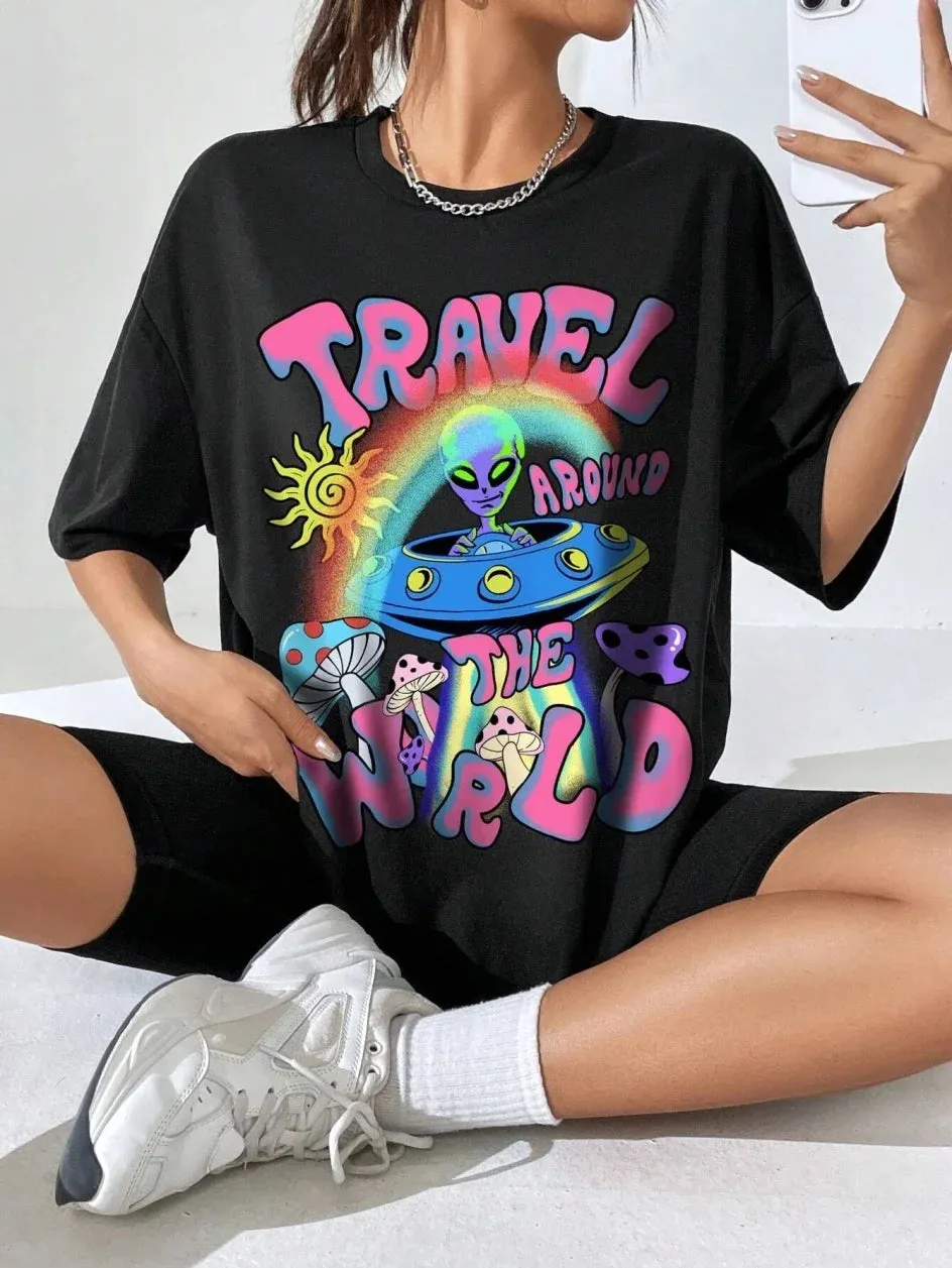 LVSANW Cartoon Aliens Printed Women T-Shirts Casual Fashion All-Match Short Sleeve Tops Loose Comfortable Round Neck Street Clothing