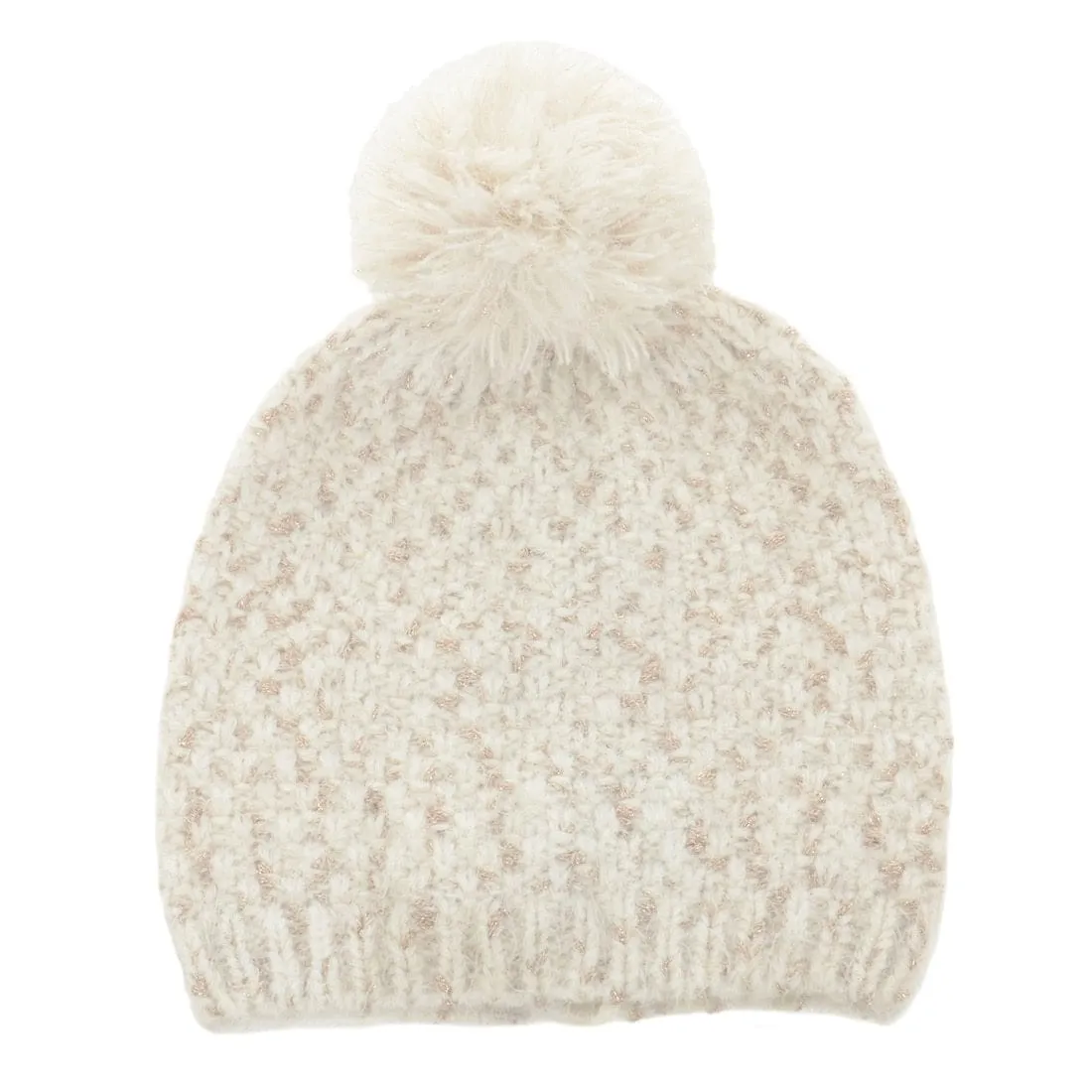 Maddie Womens Ivory/Gold Knit Beanie Hat With Pom Pom