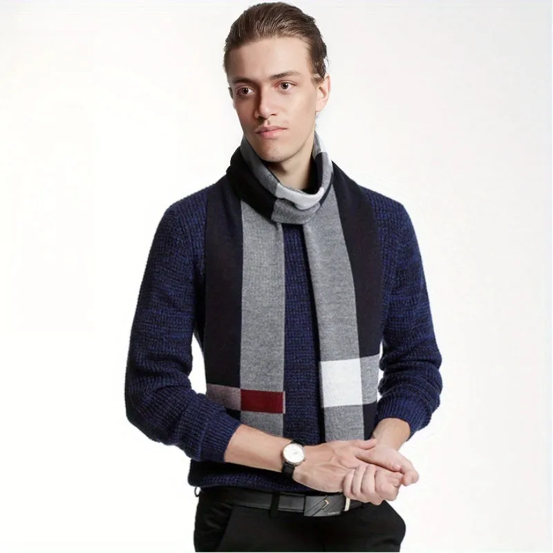 Men's Plaid Print Business Faux Cashmere Thermal Scarf Casual, Versatile, Elongated, Simple Scarf