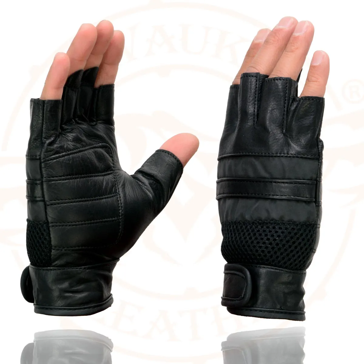 Milwaukee Leather MG7548 Men's Black Leather Mesh Gel Palm Fingerless Reflective Motorcycle Gloves