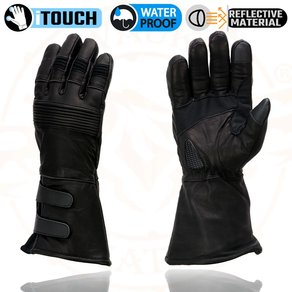 Milwaukee Leather MG7550 Men's Black Cowhide Leather Gauntlet Motorcycle Hand Gloves w/ X-Long Cuff i-Touch Screen Waterproof