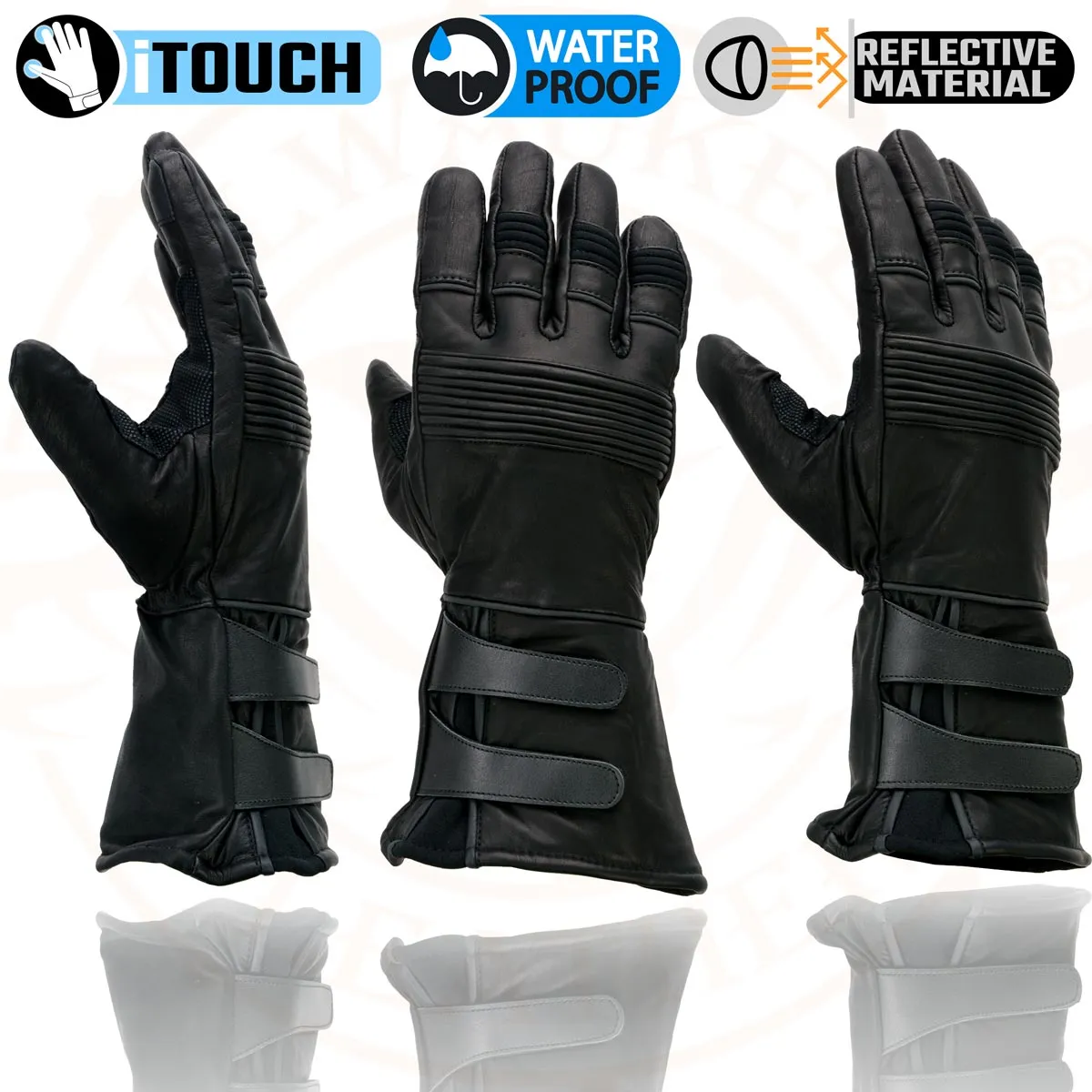 Milwaukee Leather MG7550 Men's Black Cowhide Leather Gauntlet Motorcycle Hand Gloves w/ X-Long Cuff i-Touch Screen Waterproof