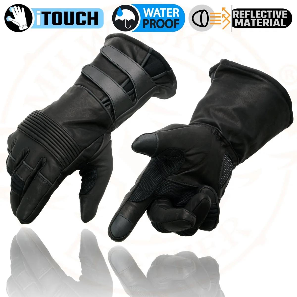 Milwaukee Leather MG7550 Men's Black Cowhide Leather Gauntlet Motorcycle Hand Gloves w/ X-Long Cuff i-Touch Screen Waterproof