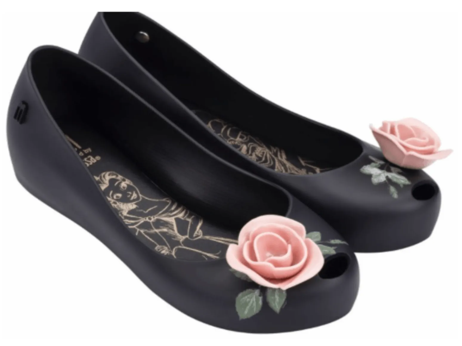 Mini Melissa Ultra Girl Youth Black & Pink Beauty & the Beast Rose Dress Shoes