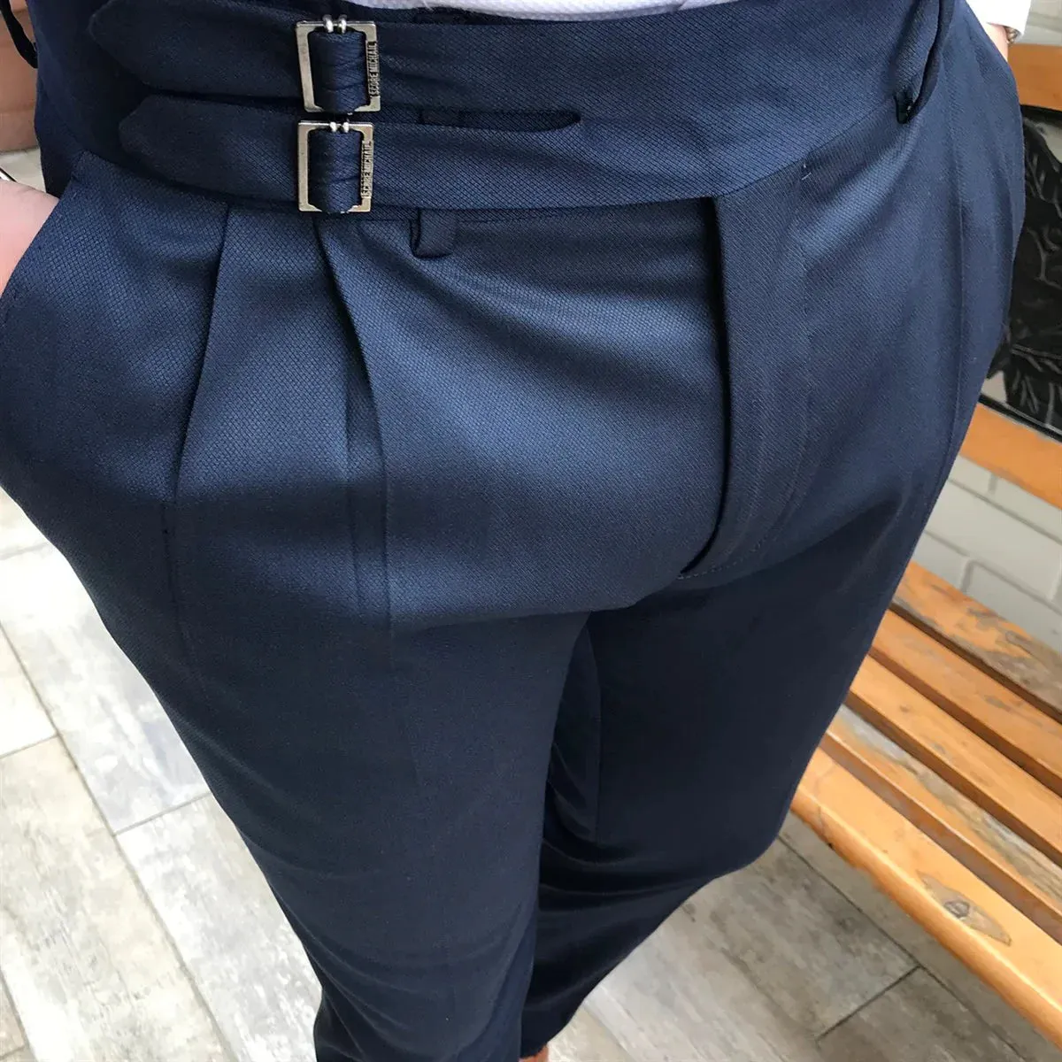 Navy Blue Double Buckle Gurkha Pants