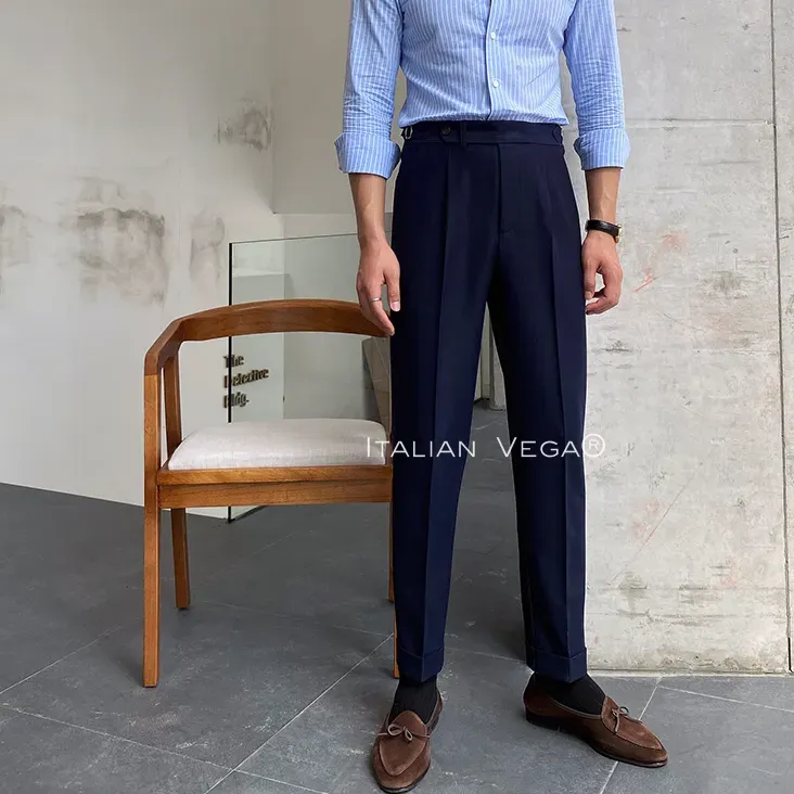 Navy Blue Italian Elegant Gurkha Trousers by Italian Vega®