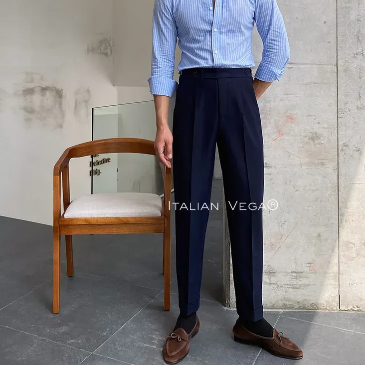 Navy Blue Italian Elegant Gurkha Trousers by Italian Vega®