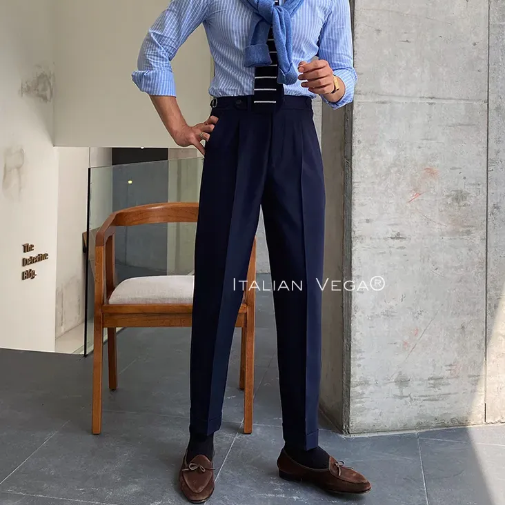 Navy Blue Italian Elegant Gurkha Trousers by Italian Vega®