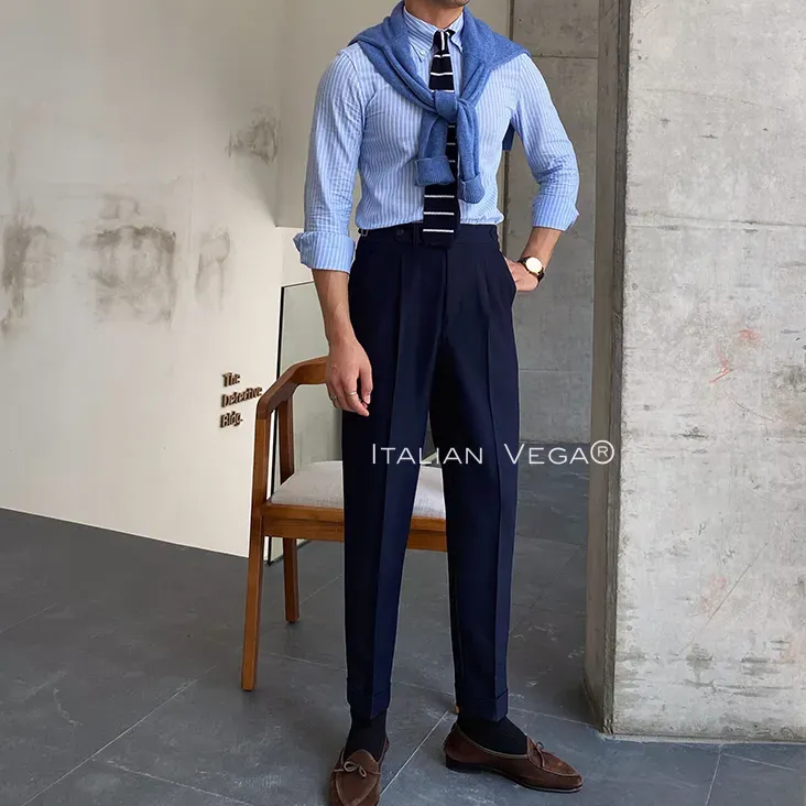 Navy Blue Italian Elegant Gurkha Trousers by Italian Vega®