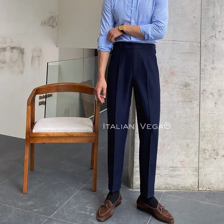 Navy Blue Italian Elegant Gurkha Trousers by Italian Vega®