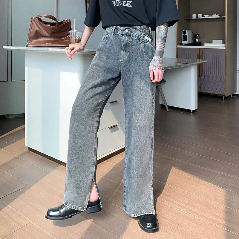 Niche Design Men's Denim Pants Slit Casual Wide Leg Flared Trousers Straight Loose Solid Color Male Jeans Autumn 9C6894