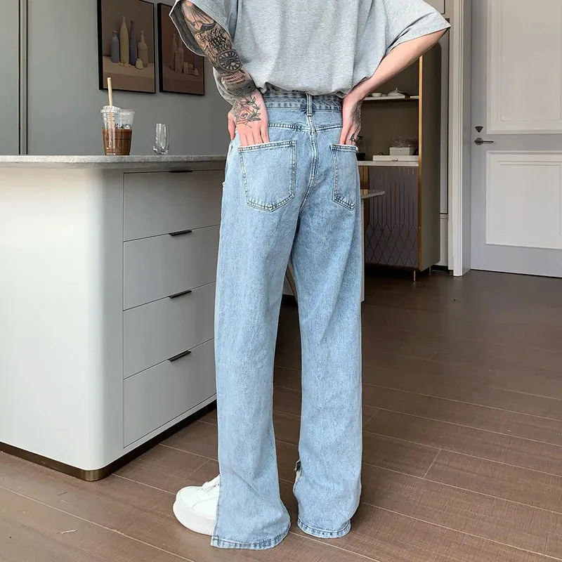 Niche Design Men's Denim Pants Slit Casual Wide Leg Flared Trousers Straight Loose Solid Color Male Jeans Autumn 9C6894