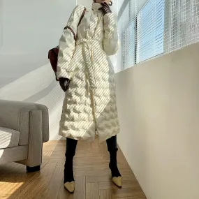 Off White Accidented Belted Long Down Puffer Coat