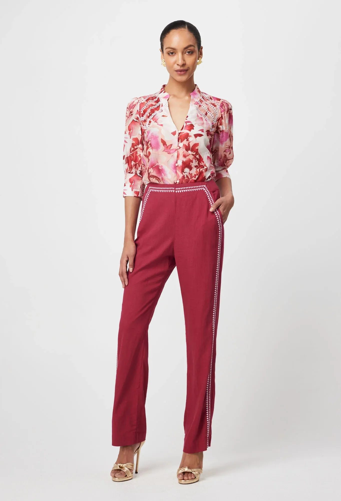 ONCE WAS CARLYLE EMBROIDERED LINEN VISCOSE PANT IN CRIMSON