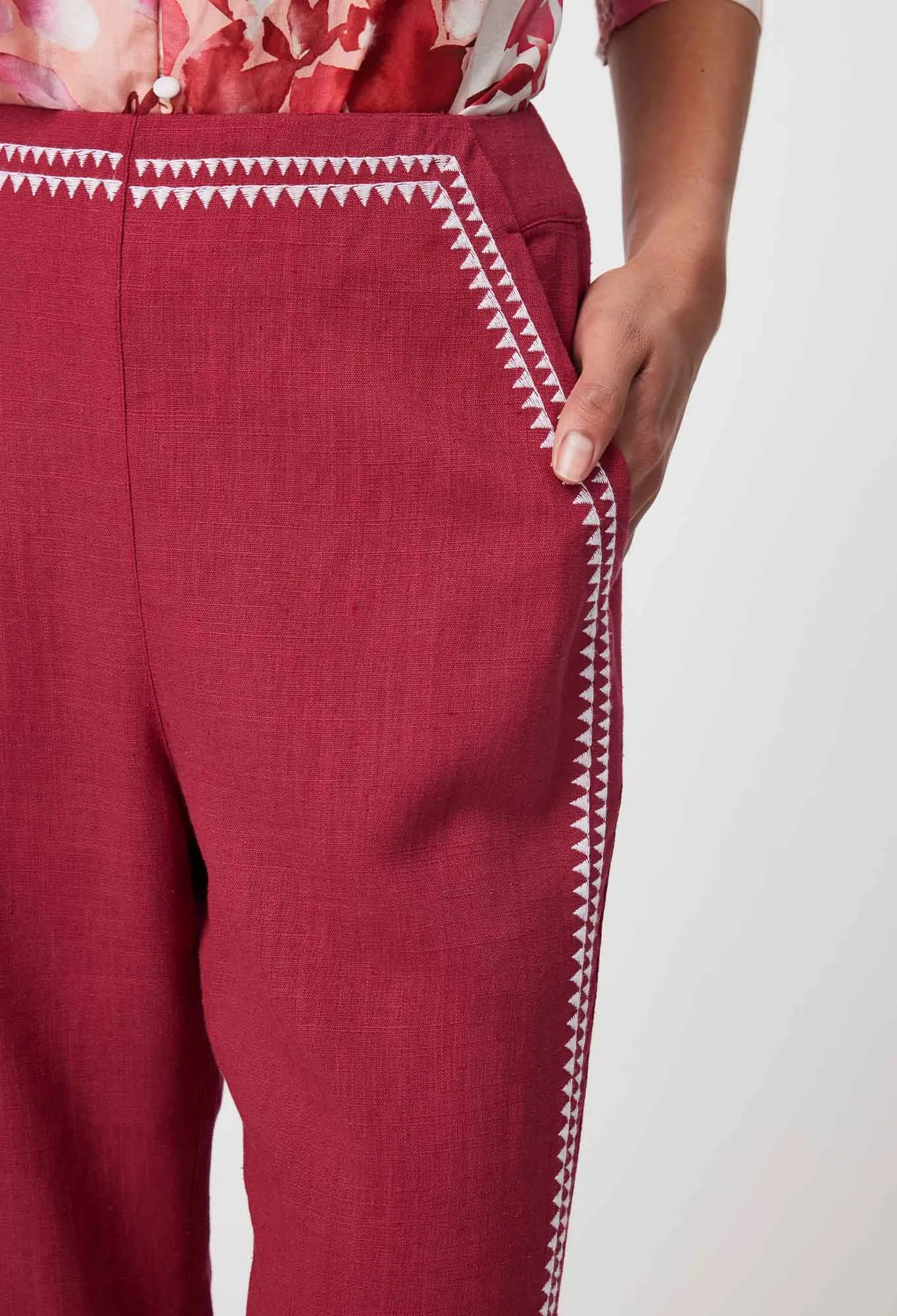 ONCE WAS CARLYLE EMBROIDERED LINEN VISCOSE PANT IN CRIMSON