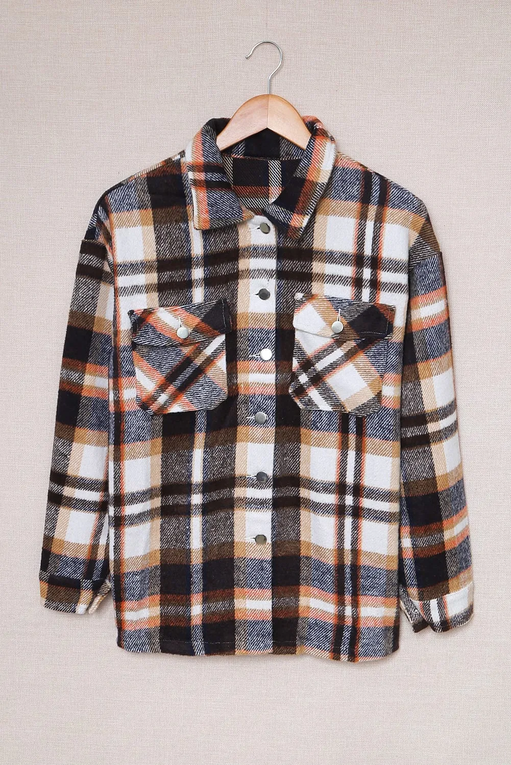 Orange Geometric Plaid Print Pocketed Shacket