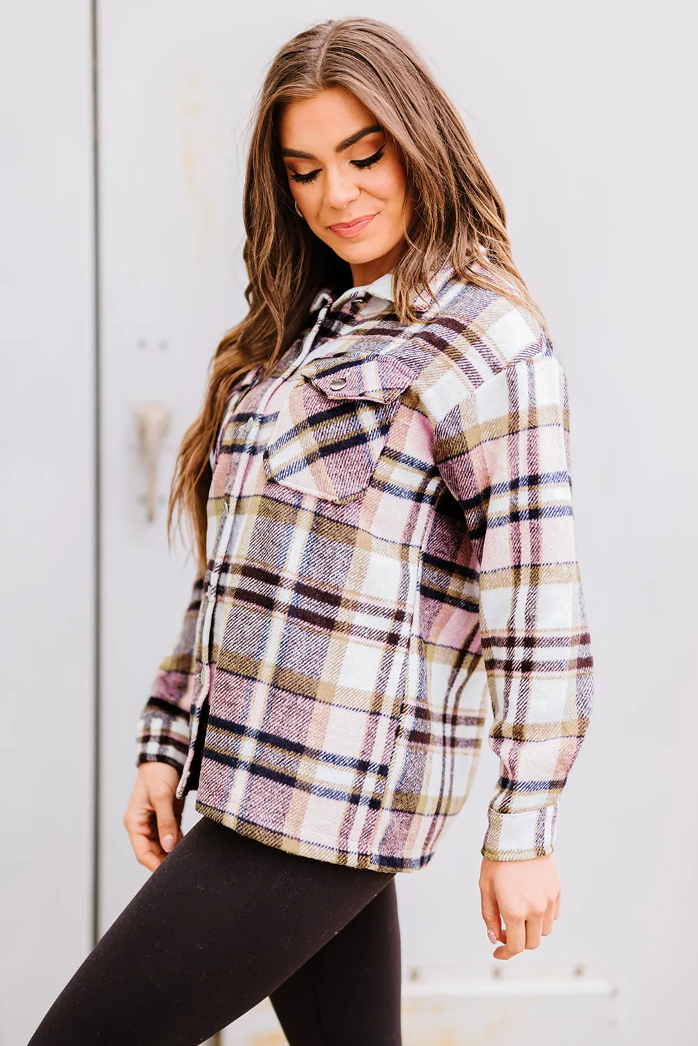 Orange Geometric Plaid Print Pocketed Shacket