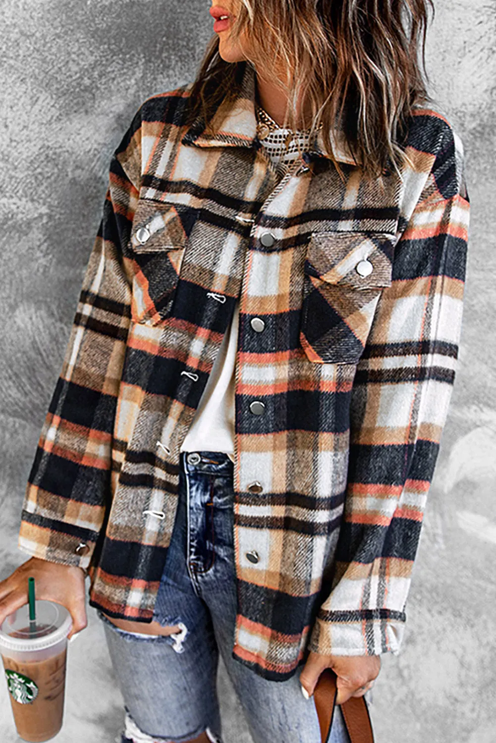 Orange Geometric Plaid Print Pocketed Shacket