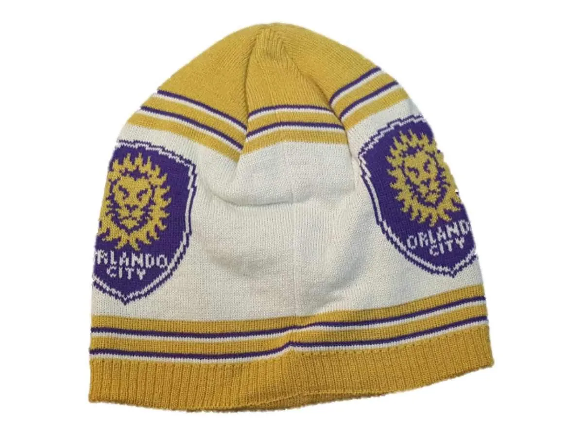 Orlando City SC Adidas Off-White Gold Striped Acrylic Knit Skull Beanie Hat Cap